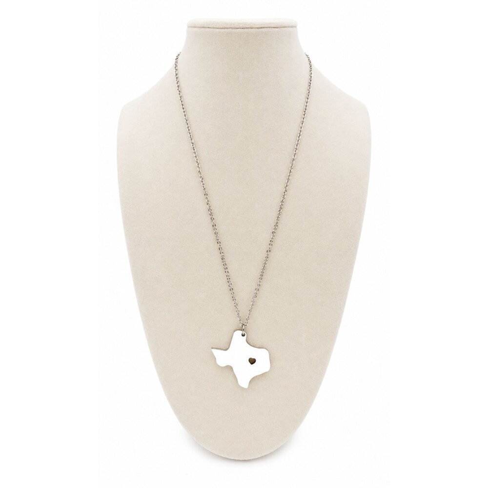 Silver Texas Pendant Necklace Stainless Steel Heart Cutout Lone Star State NEW